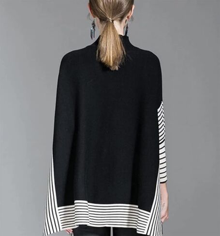 stylesilove Women Autumn Winter Striped Poncho Knit Pullover Mock Neck Sweater Batwing Sleeve Oversized Jumper Top in Saudi Arabia