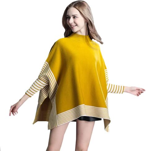 stylesilove Women Autumn Winter Striped Poncho Knit Pullover Mock Neck Sweater Batwing Sleeve Oversized Jumper Top in Saudi Arabia
