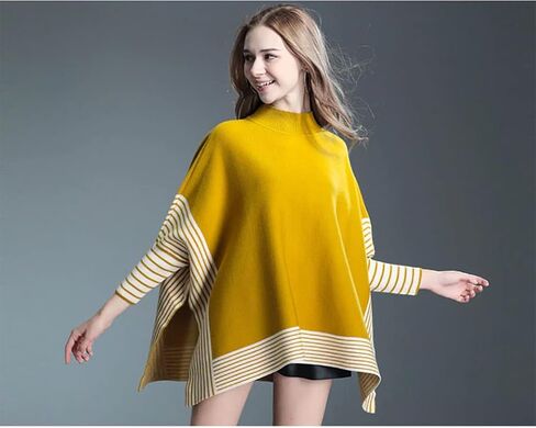 stylesilove Women Autumn Winter Striped Poncho Knit Pullover Mock Neck Sweater Batwing Sleeve Oversized Jumper Top in Saudi Arabia