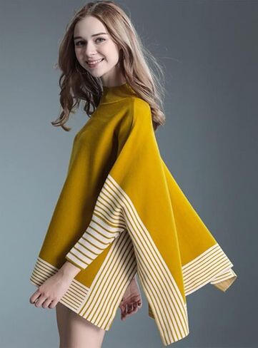 stylesilove Women Autumn Winter Striped Poncho Knit Pullover Mock Neck Sweater Batwing Sleeve Oversized Jumper Top in Saudi Arabia