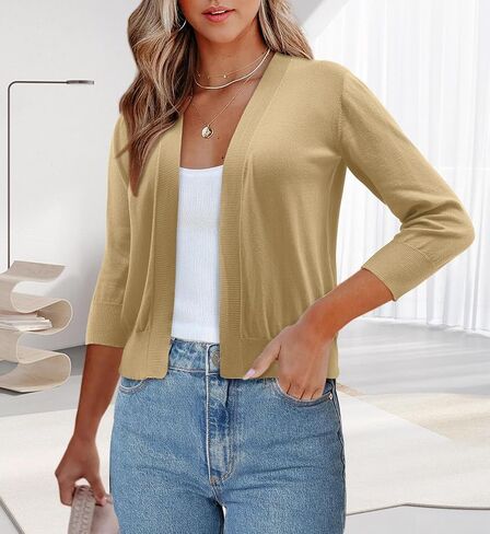Womens 3/4 Sleeve Bolero Shrug Open Front Knit Cropped Cardigan Solid Color Sweaters in Saudi Arabia