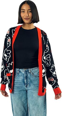 Hello Kitty & Friends Character Face Outlines Women's Black Long Sleeve Grandma Cardigan in Saudi Arabia