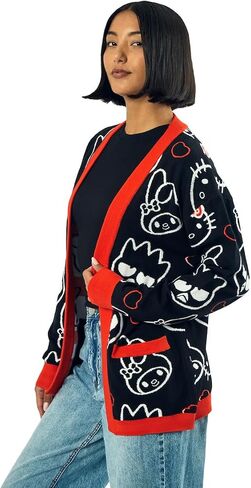 Hello Kitty & Friends Character Face Outlines Women's Black Long Sleeve Grandma Cardigan in Saudi Arabia