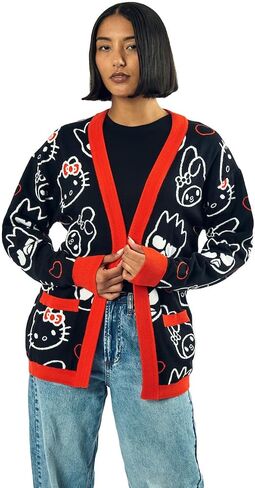 Hello Kitty & Friends Character Face Outlines Women's Black Long Sleeve Grandma Cardigan in Saudi Arabia