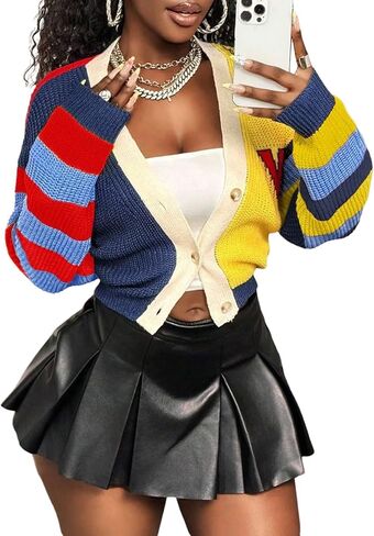 سترة SHENHE النسائية ذات الألوان المتماسكة مفتوحة من الأمام وزر سفلي ورقبة على شكل حرف V سترة تريكو قصيرة in Kuwait