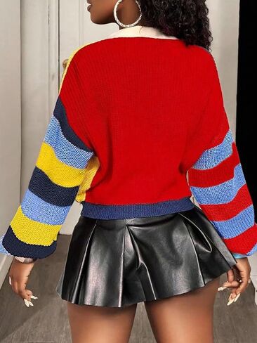 سترة SHENHE النسائية ذات الألوان المتماسكة مفتوحة من الأمام وزر سفلي ورقبة على شكل حرف V سترة تريكو قصيرة in Kuwait