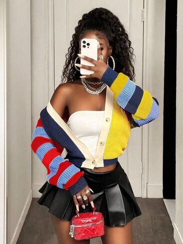 سترة SHENHE النسائية ذات الألوان المتماسكة مفتوحة من الأمام وزر سفلي ورقبة على شكل حرف V سترة تريكو قصيرة in Kuwait