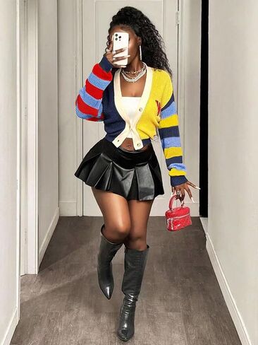 سترة SHENHE النسائية ذات الألوان المتماسكة مفتوحة من الأمام وزر سفلي ورقبة على شكل حرف V سترة تريكو قصيرة in Kuwait