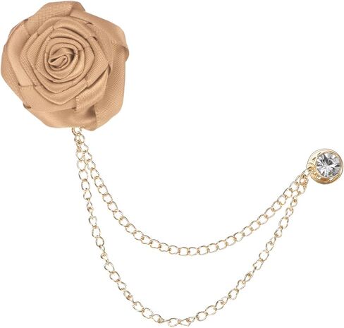 Rose Flower Brooch Pin for Men Suit, Cloth Handmade Flower Lapel Pin with Gold Badge Tassel Chain Brooches for Men Wedding Accessories/Prom/Party [Champagne] in Saudi Arabia