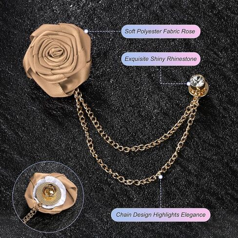 Rose Flower Brooch Pin for Men Suit, Cloth Handmade Flower Lapel Pin with Gold Badge Tassel Chain Brooches for Men Wedding Accessories/Prom/Party [Champagne] in Saudi Arabia
