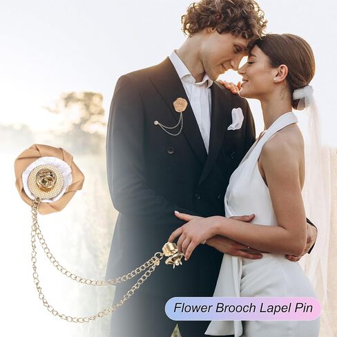 Rose Flower Brooch Pin for Men Suit, Cloth Handmade Flower Lapel Pin with Gold Badge Tassel Chain Brooches for Men Wedding Accessories/Prom/Party [Champagne] in Saudi Arabia