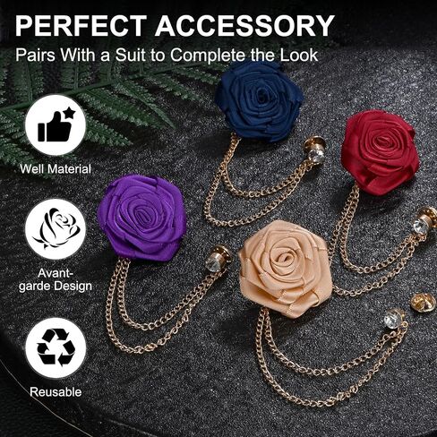 Rose Flower Brooch Pin for Men Suit, Cloth Handmade Flower Lapel Pin with Gold Badge Tassel Chain Brooches for Men Wedding Accessories/Prom/Party [Champagne] in Saudi Arabia