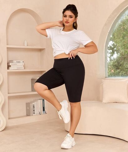 Women Plus Size Biker Shorts with Pockets - Tummy Control Gym Workout Running Yoga Volleyball Athletic Shorts Board Shorts in Saudi Arabia