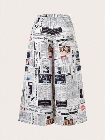 WDIRARA Women's Plus Size Newspaper Print Wide Leg Pants Elastic High Waisted Palazzo Pants with Pockets in Saudi Arabia