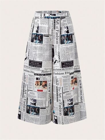 WDIRARA Women's Plus Size Newspaper Print Wide Leg Pants Elastic High Waisted Palazzo Pants with Pockets in Saudi Arabia