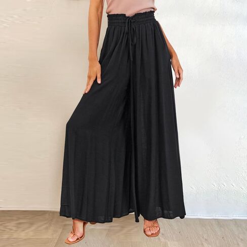 1-Pack Beige Wide Leg Pants for Women, Elastic High Waist with Drawstring, Casual Trousers with Pockets in Saudi Arabia