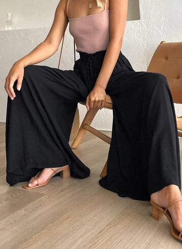 1-Pack Beige Wide Leg Pants for Women, Elastic High Waist with Drawstring, Casual Trousers with Pockets in Saudi Arabia