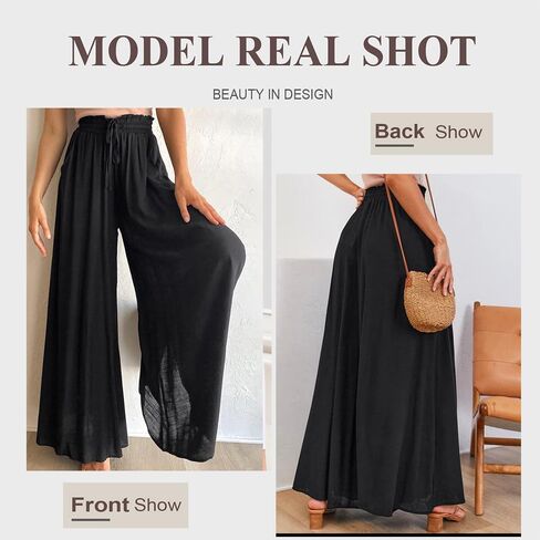 1-Pack Beige Wide Leg Pants for Women, Elastic High Waist with Drawstring, Casual Trousers with Pockets in Saudi Arabia