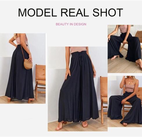1-Pack Beige Wide Leg Pants for Women, Elastic High Waist with Drawstring, Casual Trousers with Pockets in Saudi Arabia