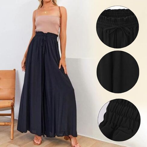 1-Pack Beige Wide Leg Pants for Women, Elastic High Waist with Drawstring, Casual Trousers with Pockets in Saudi Arabia
