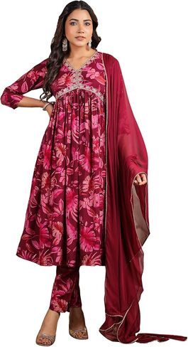 Janasya Indian Women's Chanderi Silk Wine Floral Print Festive Wear Kurta Set for Women in Saudi Arabia