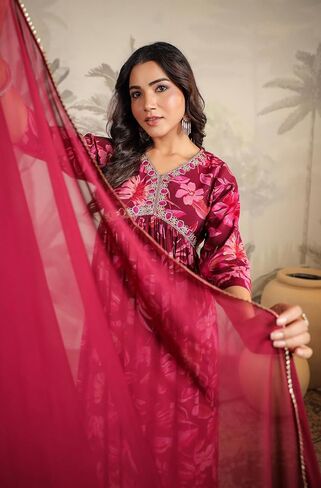 Janasya Indian Women's Chanderi Silk Wine Floral Print Festive Wear Kurta Set for Women in Saudi Arabia