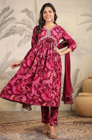 Janasya Indian Women's Chanderi Silk Wine Floral Print Festive Wear Kurta Set for Women in Saudi Arabia