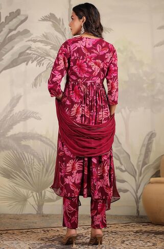 Janasya Indian Women's Chanderi Silk Wine Floral Print Festive Wear Kurta Set for Women in Saudi Arabia