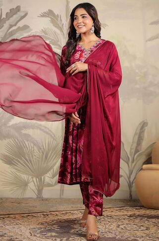 Janasya Indian Women's Chanderi Silk Wine Floral Print Festive Wear Kurta Set for Women in Saudi Arabia