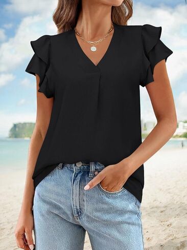 Women's Summer V Neck Ruffle Short Sleeve Blouse Business Office Casual Top Shirts in Saudi Arabia
