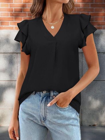 Women's Summer V Neck Ruffle Short Sleeve Blouse Business Office Casual Top Shirts in Saudi Arabia