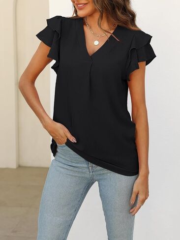Women's Summer V Neck Ruffle Short Sleeve Blouse Business Office Casual Top Shirts in Saudi Arabia