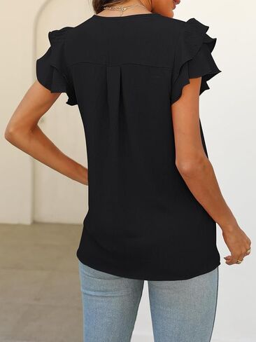 Women's Summer V Neck Ruffle Short Sleeve Blouse Business Office Casual Top Shirts in Saudi Arabia