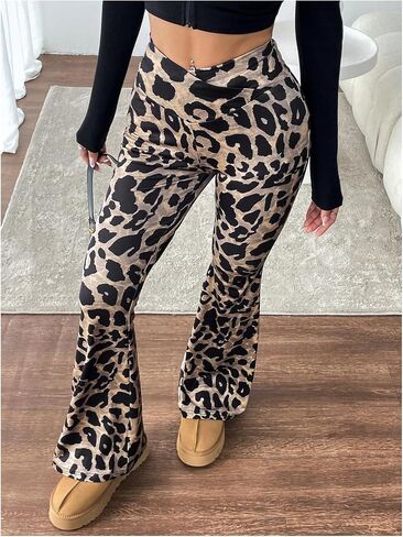 WDIRARA Women's Leopard Print Flared Pants V Crossover Elastic Waist Bell Bottom Trousers in Saudi Arabia