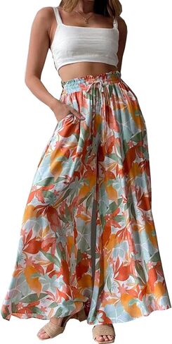Women's Wide Leg Pants Summer Boho Palazzo Pants Elastic Waist Floral Lightweight Pants with Pockets in Saudi Arabia