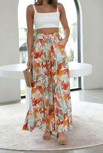 Women's Wide Leg Pants Summer Boho Palazzo Pants Elastic Waist Floral Lightweight Pants with Pockets in Saudi Arabia