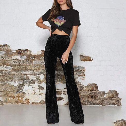 Women Velvet High Waist Wide Leg Long Palazzo Bell Bottom Yoga Pants Flare Pants in Saudi Arabia