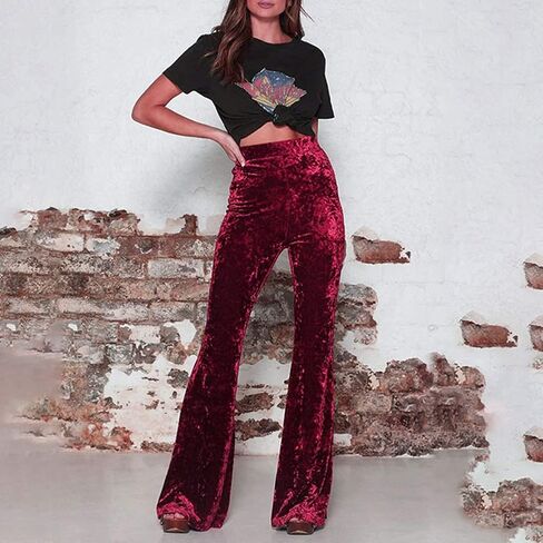 Women Velvet High Waist Wide Leg Long Palazzo Bell Bottom Yoga Pants Flare Pants in Saudi Arabia