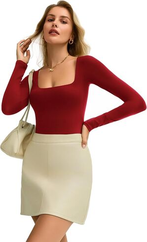 Avidlove Women's Long Sleeve Bodysuit Double Lined Square Neck Body Suit Tops Snap Closure Soft in Saudi Arabia