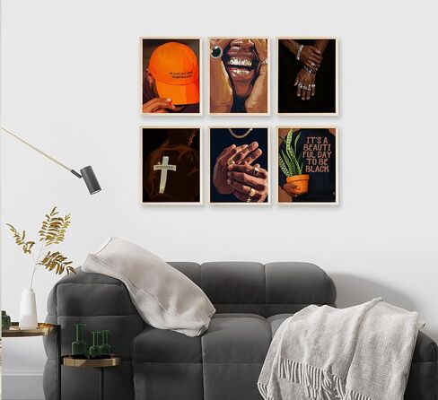 6pcs Black man Canvas Wall Art Black Man Trend Luxury Street Painting Pictures Decor Fashion African American Posters Prints Artwork for Living Room Bedroom Scene Home Decoration Unframed in Saudi Arabia