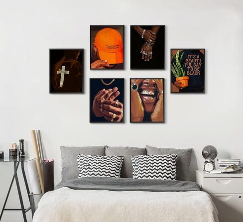 6pcs Black man Canvas Wall Art Black Man Trend Luxury Street Painting Pictures Decor Fashion African American Posters Prints Artwork for Living Room Bedroom Scene Home Decoration Unframed in Saudi Arabia