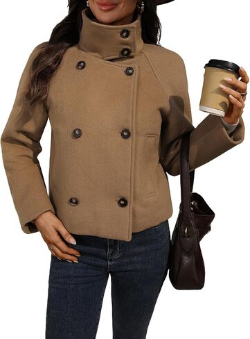 Women's Cropped Wool Blend Pea Coat Double Breasted Short Jacket Modern Fall Winter Dressy Outerwear in Saudi Arabia