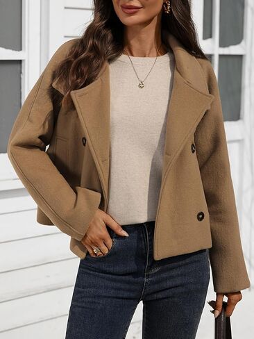 Women's Cropped Wool Blend Pea Coat Double Breasted Short Jacket Modern Fall Winter Dressy Outerwear in Saudi Arabia