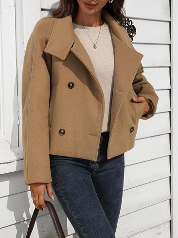 Women's Cropped Wool Blend Pea Coat Double Breasted Short Jacket Modern Fall Winter Dressy Outerwear in Saudi Arabia
