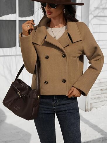 Women's Cropped Wool Blend Pea Coat Double Breasted Short Jacket Modern Fall Winter Dressy Outerwear in Saudi Arabia