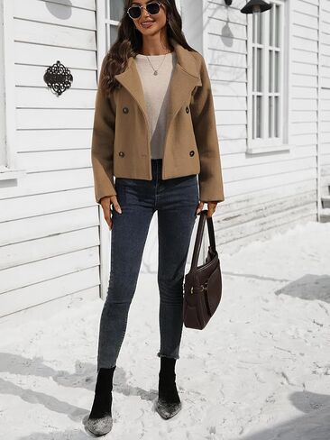 Women's Cropped Wool Blend Pea Coat Double Breasted Short Jacket Modern Fall Winter Dressy Outerwear in Saudi Arabia