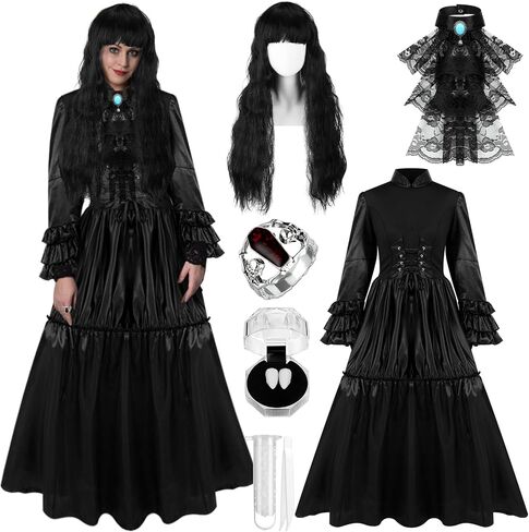 6 Pcs Women Victorian Vampire Costume Plus Size Gothic Dress Wig Collar Fangs Ring for Halloween Cosplay Party in Saudi Arabia