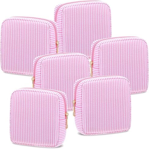Sanwuta 6 Pcs Seersucker Cosmetic Bag Bulk Pinstripe Makeup Bag for Women Aesthetic Cute Travel Toiletry Organizer Preppy Storage Pouch for Wedding Bridesmaid Christmas Gift(Large,Macaron Color) in Saudi Arabia