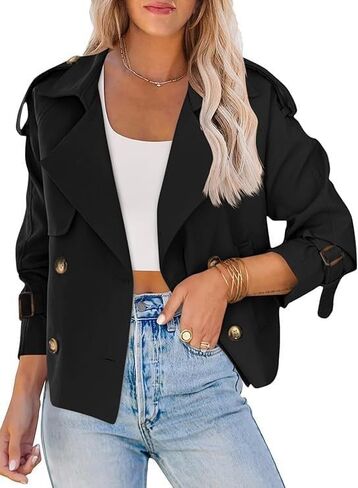 Trench Coat Women, Cropped Trench Coat for Women 2025, Double Breasted Notch Long Sleeve Jacket With Pockets Fall Outfit in Saudi Arabia