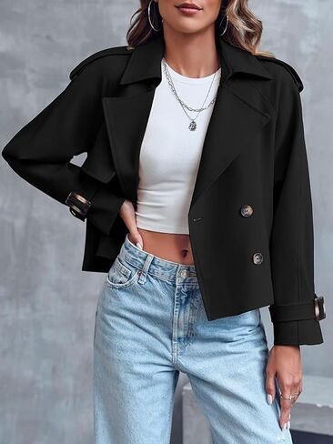 Trench Coat Women, Cropped Trench Coat for Women 2025, Double Breasted Notch Long Sleeve Jacket With Pockets Fall Outfit in Saudi Arabia
